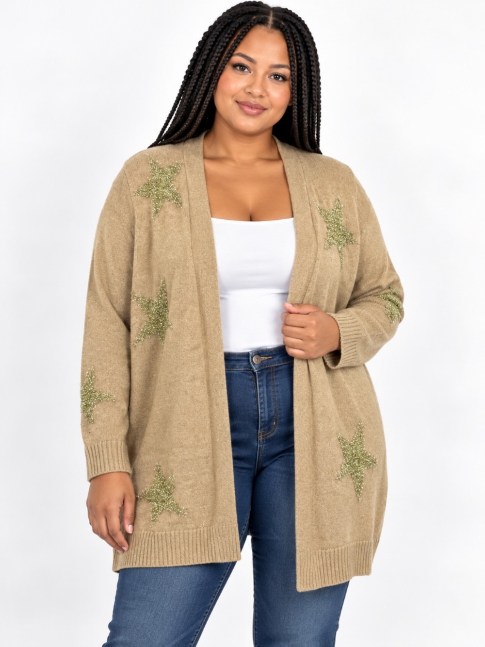 Lane Bryant Beige Open-Front Cardigan with Glitter Star Appliqués